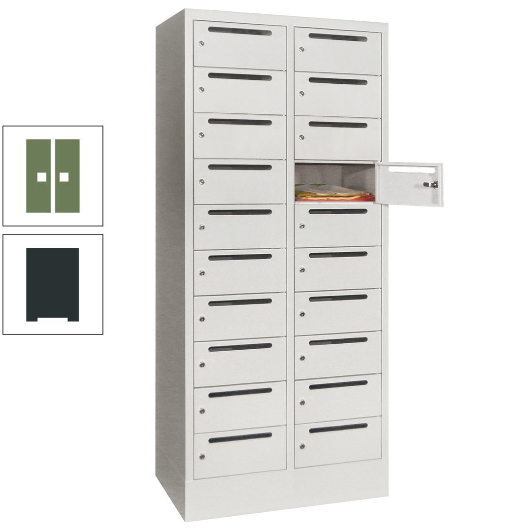 Postverteilerschrank, Schließfachschrank, 2 Abteile a 400 mm, 20 Fächer, 1.850 x 800 x 500 mm (HxBxT), Korpus anthrazitgrau, Front anthrazitgrau