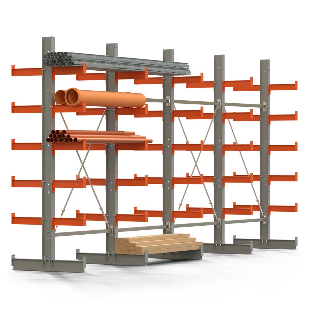 Doppelseitiges Kragarmregal, 2 Felder, 2.500 x 2.560 x 1.120 mm (HxBxT), Nutztiefe 500 mm, Kragarmlast 870 kg, KARL basic, silbergrau/reinorange