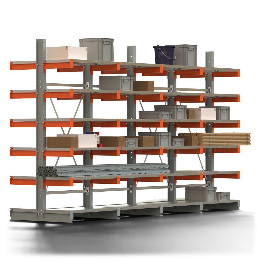 Doppelseitiges Kragarmregal mit Fachböden, 2 Felder, 2.500 x 2.000 (HxB), Nutztiefe 1.000 mm, Kragarmlast 450 kg, KARL basic, silbergrau/reinorange