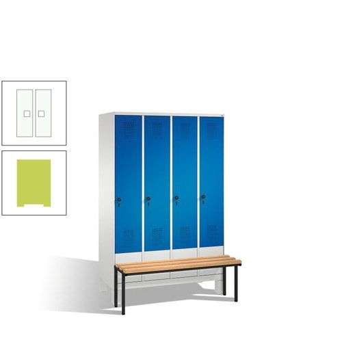 Stahl-Garderobenschrank, Spind, Buche Sitzbank vorgebaut, 4 Abteile a 300 mm, Korpus Lichtgrün, Tür Schwefelgelb, 1.850 x 1.200 x 815 mm (HxBxT)