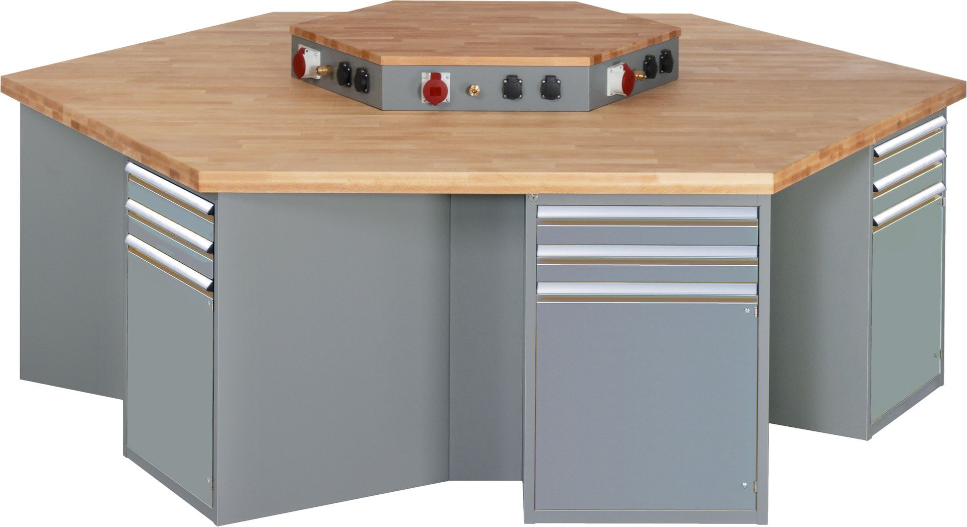 Gruppenwerkbank, Buche, Höhe 840 mm, mit Energieaufsatz, Unterbau-Container, 2 Schubladen, 1 Tür, 1 Boden - Anthrazitgrau