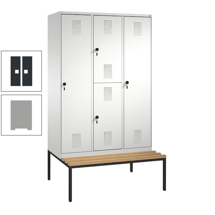 Garderobenschrank, Spind ein- und doppelstöckig Sitzbank, 3 Abteile, 4 Fächer, 2.090x1.200x500 mm (HxBxT), Front anthrazitgrau, Korpus anthrazitgrau