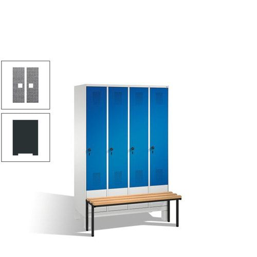 Stahl-Garderobenschrank, Spind, Buche Sitzbank vorgebaut, 4 Abteile a 300 mm, Korpus Lichtgrün, Tür Schwefelgelb, 1.850 x 1.200 x 815 mm (HxBxT)