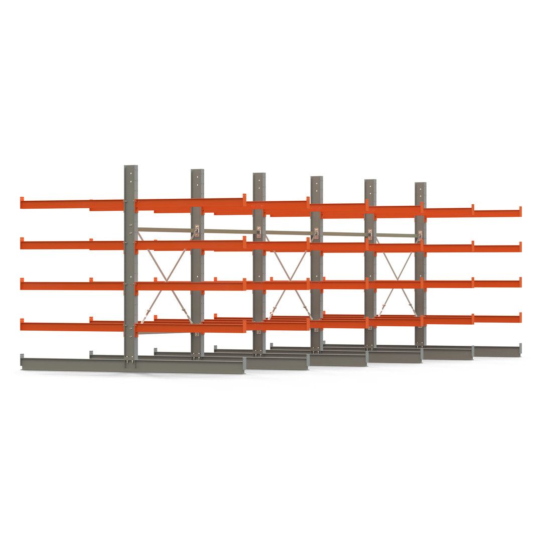 Doppelseitiges Kragarmregal, 2 Felder, 2.000 x 2.560 x 1.120 mm (HxBxT), Nutztiefe 500 mm, Kragarmlast 870 kg, KARL basic, silbergrau/reinorange