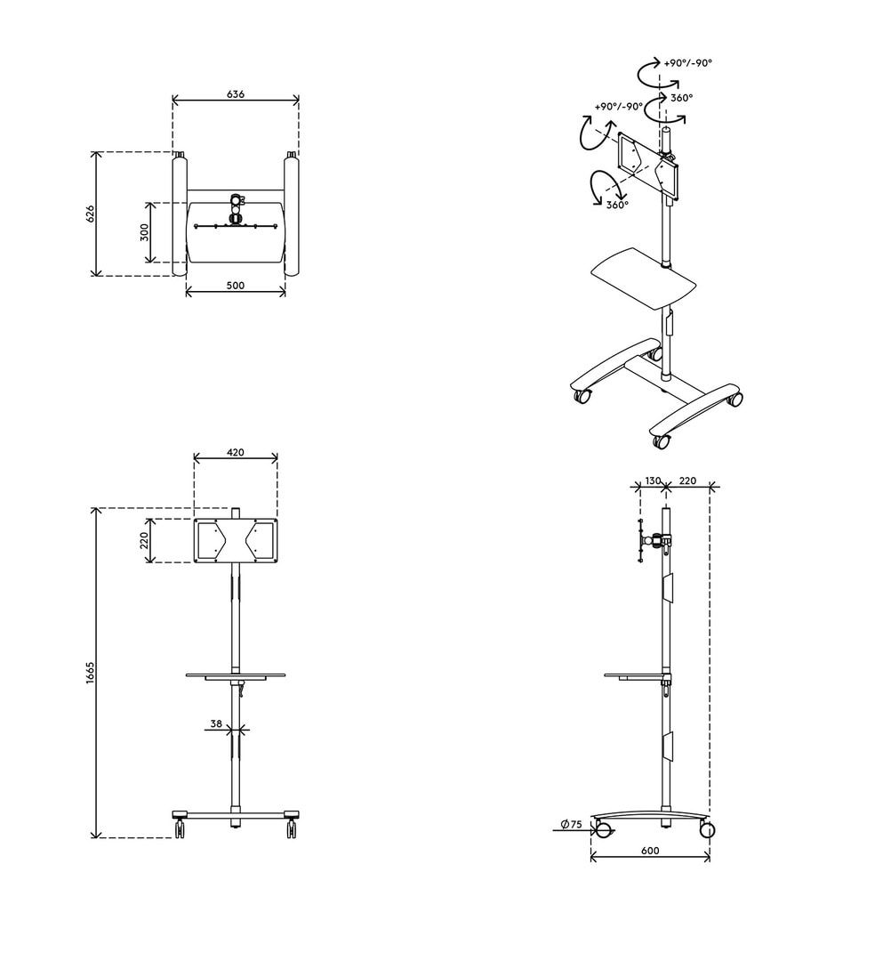 AV-Trolley, Workstation, Multimediastation, Präsentationsstation, Monitorhalter, Computer, Rollen, 1.665 x 636 x 600 mm (HxBxT), Stahl, silber