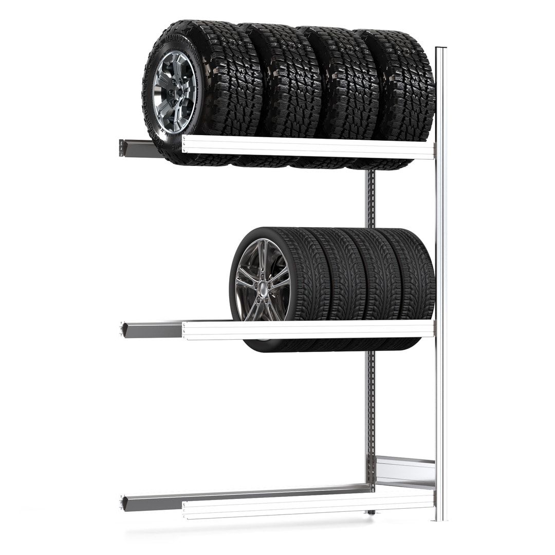 Reifenregal mit Tiefenriegel - 250 kg - 2.000 x 1.285 x 500 mm (HxBxT) - 3 Ebenen - Anbauregal - Steckregal BERT