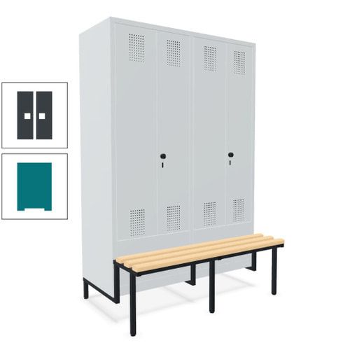Doppel-Spind, Garderobenschrank, Buche Sitzbank integriert, 4 Abteile 300 mm, Korpus anthrazitgrau, Tür anthrazitgrau, 1.850 x 1.200 x 815 mm (HxBxT)