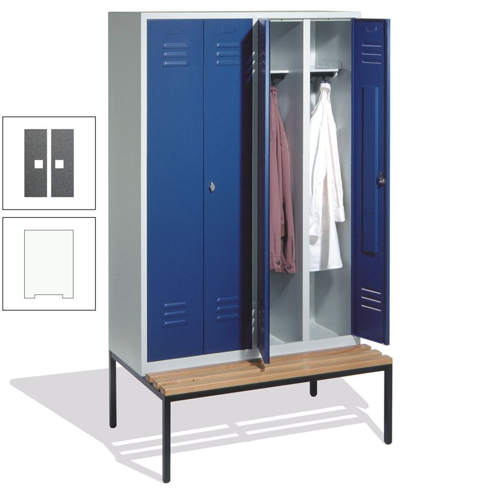 Doppel-Spindschrank, Buche Sitzbank untergebaut, 4 Abteile a 300 mm, Korpus lichtgrau, Tür anthrazitgrau, 2.090 x 1.190 x 815 mm (HxBxT)