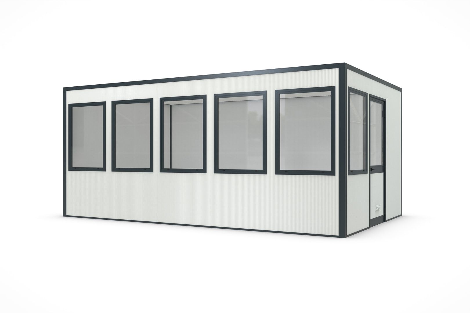 Bürocontainer, Aufsichtsstand, Meisterbüro, Lagerhallenbüro, für Innen, 2.600 x 5.908 x 3.608 mm (HxBxT), 21,32 qm, ohne Fußboden