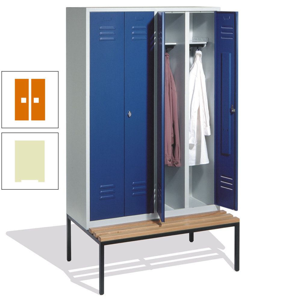 Doppel-Spindschrank, Buche Sitzbank untergebaut, 4 Abteile a 300 mm, Korpus lichtgrau, Tür anthrazitgrau, 2.090 x 1.190 x 815 mm (HxBxT)