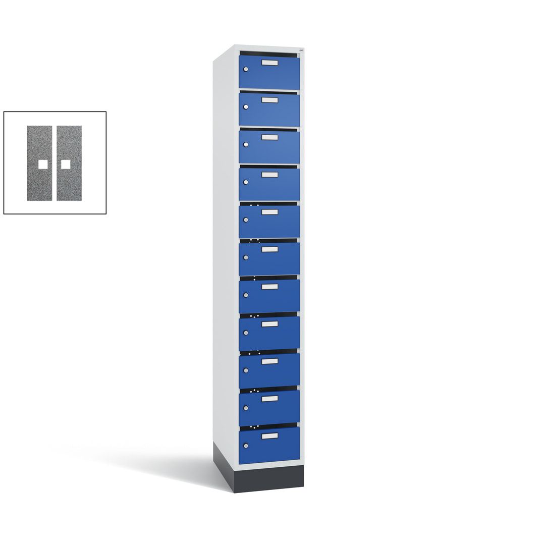 Postverteilerschrank, Schließfachschrank, mit Sockel, 11 Fächer, 1.950 x 320 x 500 mm (HxBxT), Korpus lichtgrau, Tür anthrazitgrau