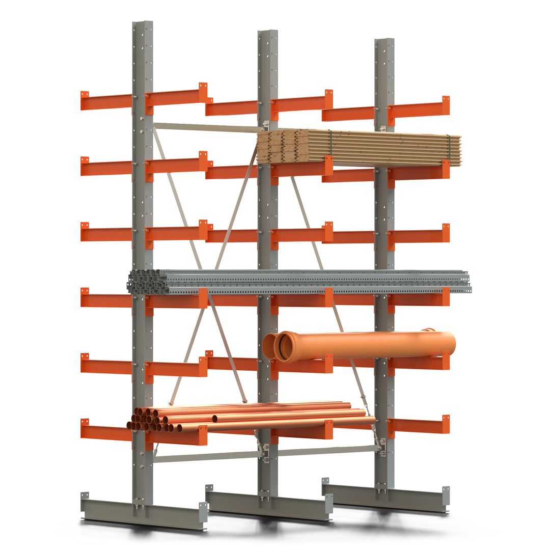 Doppelseitiges Kragarmregal, 2 Felder, 3.000 x 2.000 x 1.120 mm (HxBxT), Nutztiefe 500 mm, Kragarmlast 870 kg, KARL basic, silbergrau/reinorange