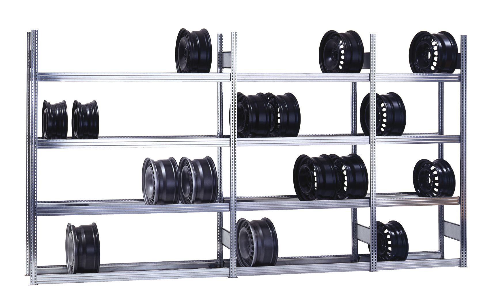 Felgenregal mit Tiefenriegel - 250 kg - 2.000 x 1.695 x 300 mm (HxBxT) - 4 Ebenen - Anbauregal - Steckregal BERT