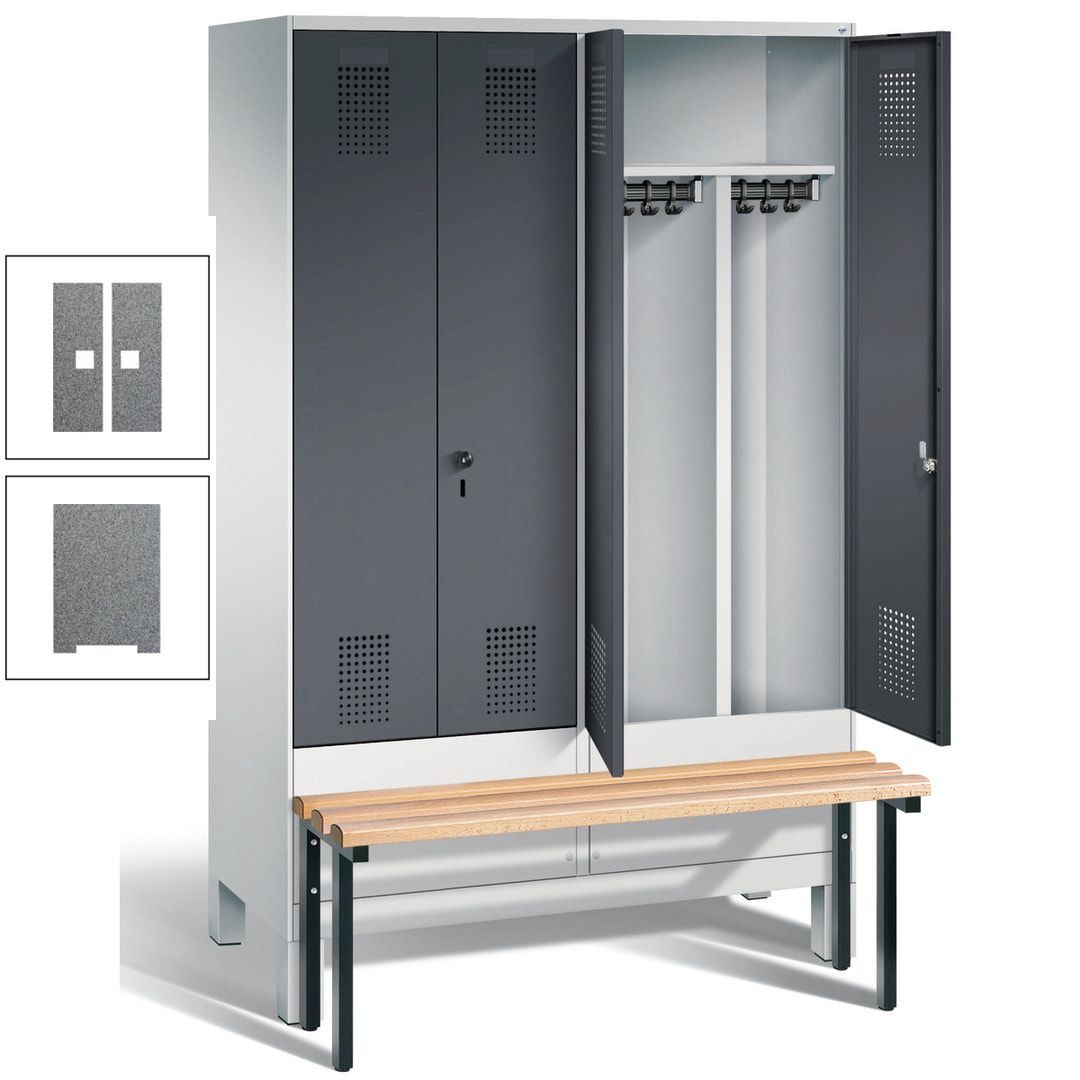 Doppel-Spind, Garderobenschrank, Buche Sitzbank vorgebaut, 4 Abteile a 300 mm, Korpus feuerrot, Tür Wasserblau, 1.850 x 1.200 x 815 mm (HxBxT)