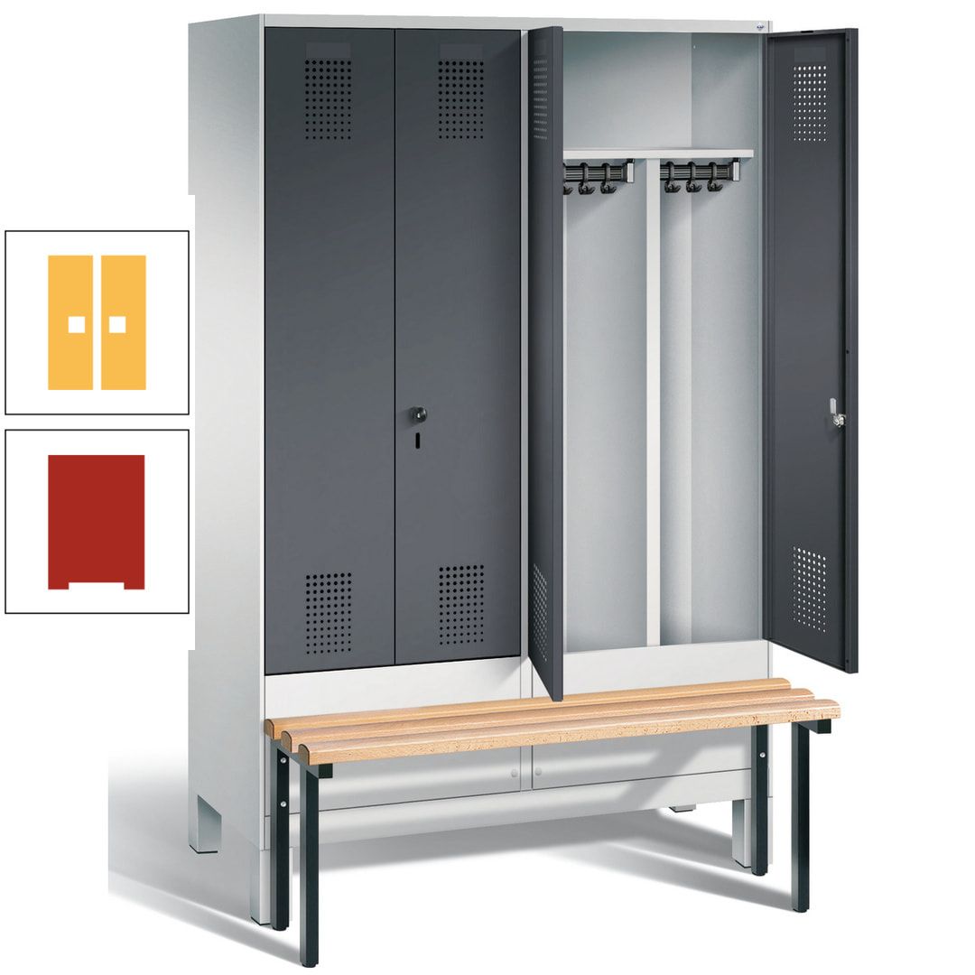 Doppel-Spind, Garderobenschrank, Buche Sitzbank vorgebaut, 4 Abteile a 300 mm, Korpus feuerrot, Tür Wasserblau, 1.850 x 1.200 x 815 mm (HxBxT)