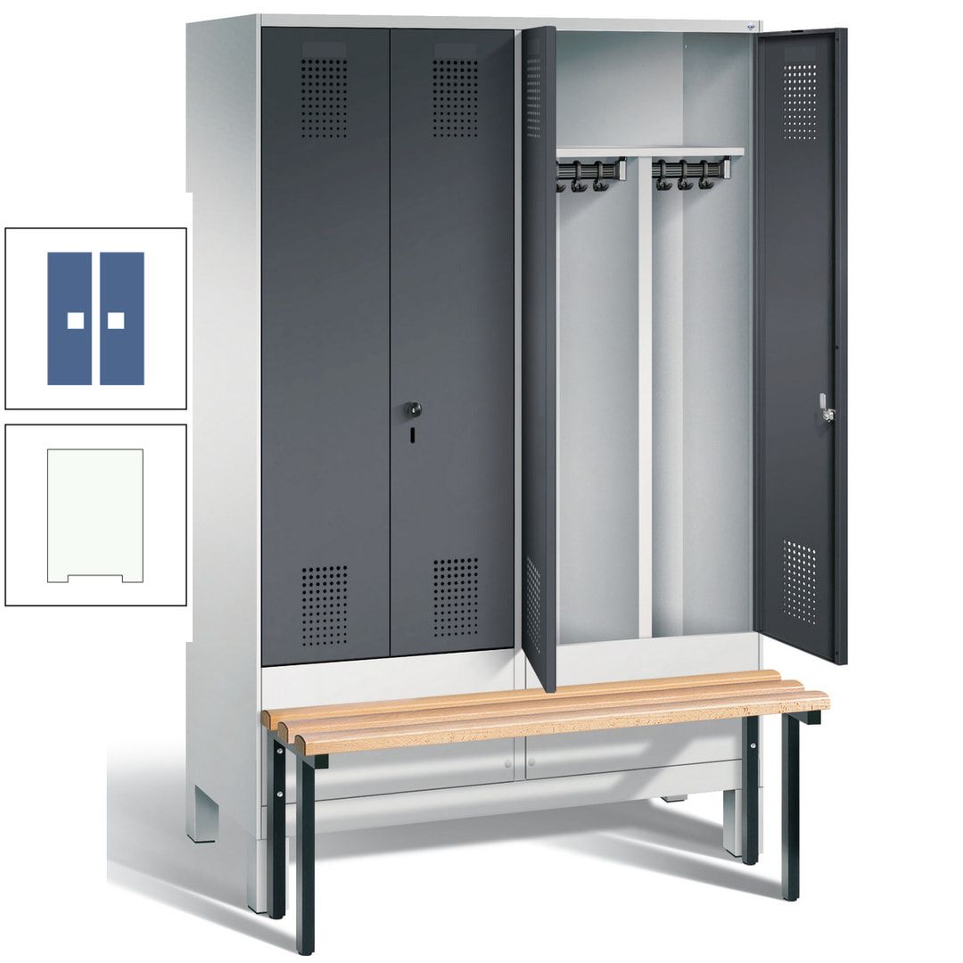 Doppel-Spind, Garderobenschrank, Buche Sitzbank vorgebaut, 4 Abteile a 300 mm, Korpus feuerrot, Tür Wasserblau, 1.850 x 1.200 x 815 mm (HxBxT)