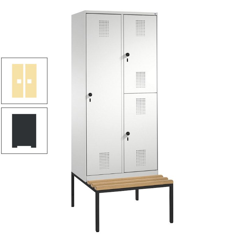 Garderobenschrank, Spind ein- und doppelstöckig Sitzbank, 2 Abteile, 3 Fächer, 2.090 x 800 x 500 mm (HxBxT), Front anthrazitgrau, Korpus anthrazitgrau