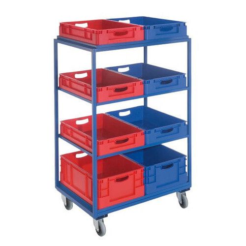 Kommissionierwagen für Eurolagerkästen, Traglast 230 kg, Ladefläche 600 x 805 mm, 4 Etagen, Farbe enzianblau