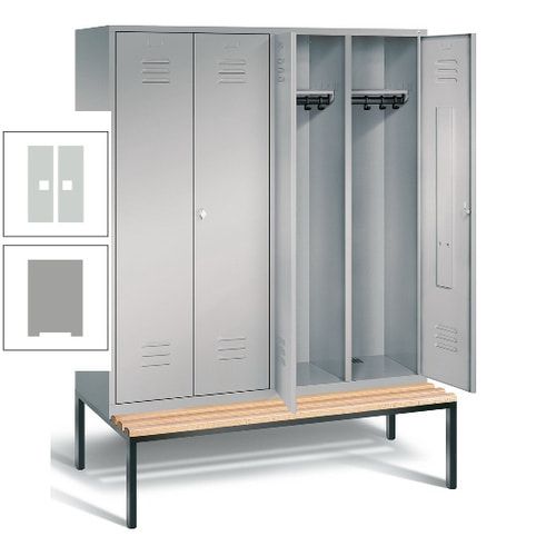 Doppel-Spindschrank, Buche Sitzbank untergebaut, 4 Abteile a 400 mm, Korpus lichtgrau, Tür anthrazitgrau, 2.090 x 1.590 x 815 mm (HxBxT)