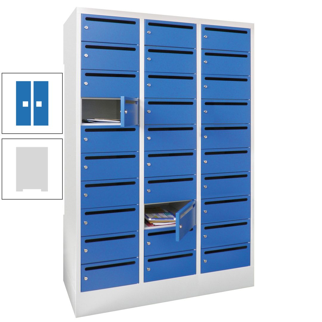 Postverteilerschrank, Schließfachschrank, 3 Abteile a 300 mm, 30 Fächer, 1.850 x 900 x 500 mm (HxBxT), Korpus anthrazitgrau, Front anthrazitgrau