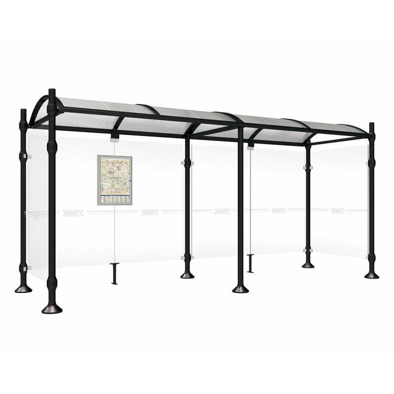 Buswartehalle, Unterstand, 2 Seitenwände, Kopf gebürsteter Edelstahl, ESG, Fahrplanschaukasten, 2.500 x 2.500 x 1.600 mm (HxBxT), Farbe enzianblau