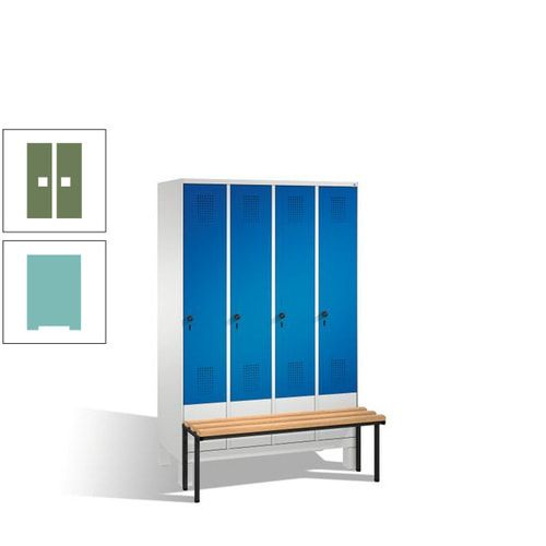 Stahl-Garderobenschrank, Spind, Buche Sitzbank vorgebaut, 4 Abteile a 300 mm, Korpus Lichtgrün, Tür Schwefelgelb, 1.850 x 1.200 x 815 mm (HxBxT)