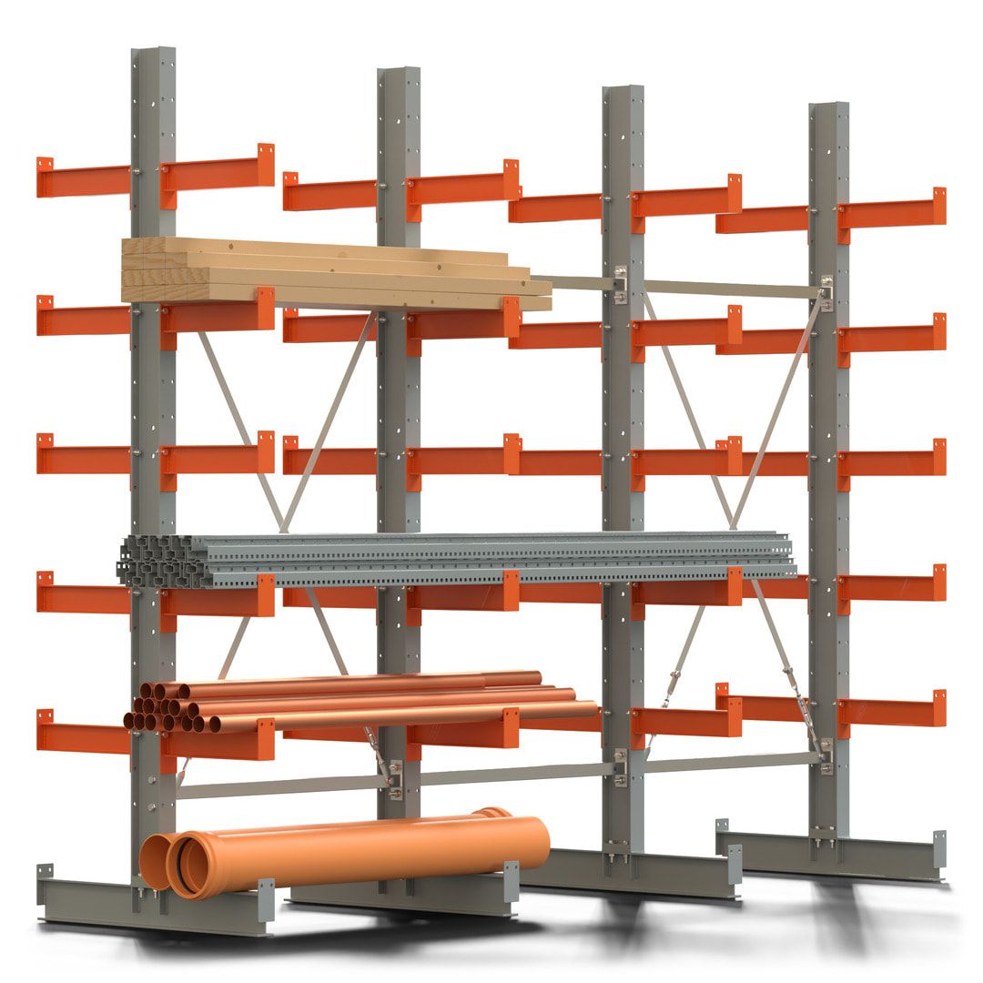 Doppelseitiges Kragarmregal, 2 Felder, 2.500 x 2.000 x 1.120 mm (HxBxT), Nutztiefe 500 mm, Kragarmlast 870 kg, KARL basic, silbergrau/reinorange