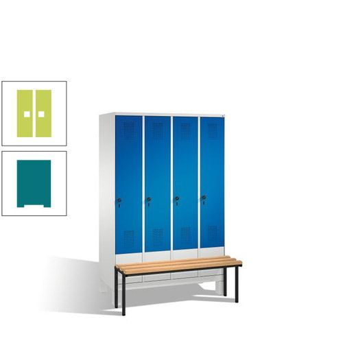 Stahl-Garderobenschrank, Spind, Buche Sitzbank vorgebaut, 4 Abteile a 300 mm, Korpus Lichtgrün, Tür Schwefelgelb, 1.850 x 1.200 x 815 mm (HxBxT)
