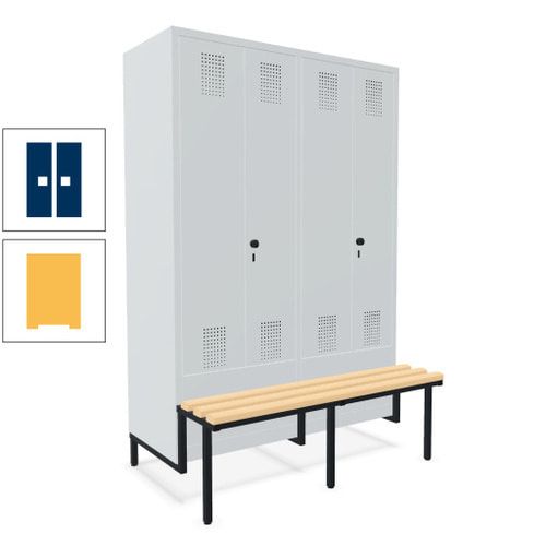 Doppel-Spind, Garderobenschrank, Buche Sitzbank integriert, 4 Abteile 300 mm, Korpus anthrazitgrau, Tür anthrazitgrau, 1.850 x 1.200 x 815 mm (HxBxT)