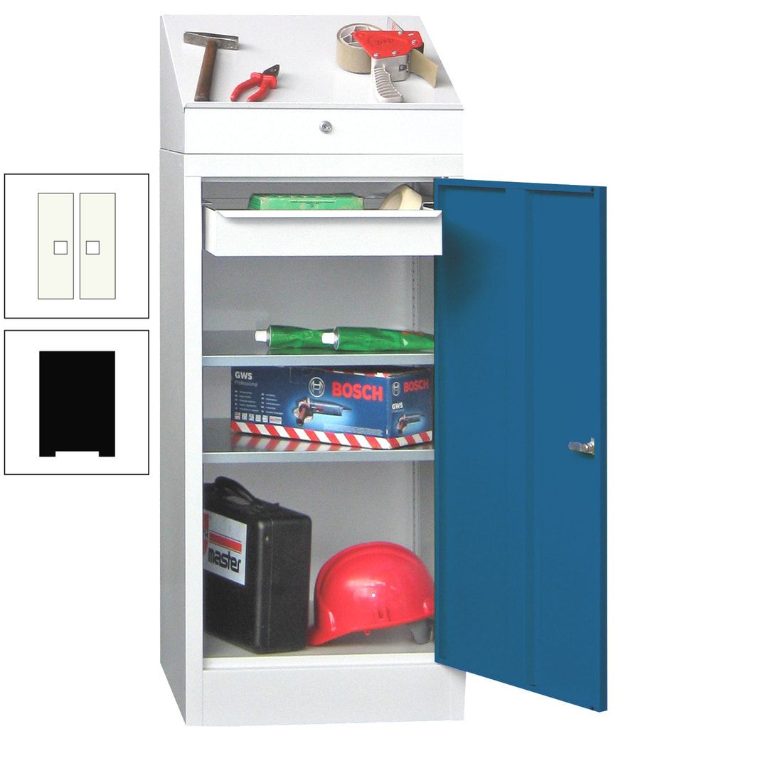 Stehpult mit Schrank - Vollblechtür - 1 Einlegeboden, 1 Ausziehboden, 1 Schublade - 1.270x500x500 mm (HxBxT) - anthrazitgrau