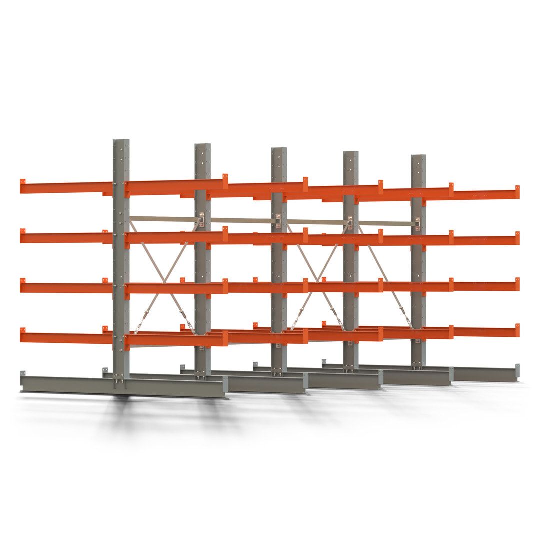 Doppelseitiges Kragarmregal, 2 Felder, 2.000 x 2.000 x 1.120 mm (HxBxT), Nutztiefe 500 mm, Kragarmlast 870 kg, KARL basic, silbergrau/reinorange