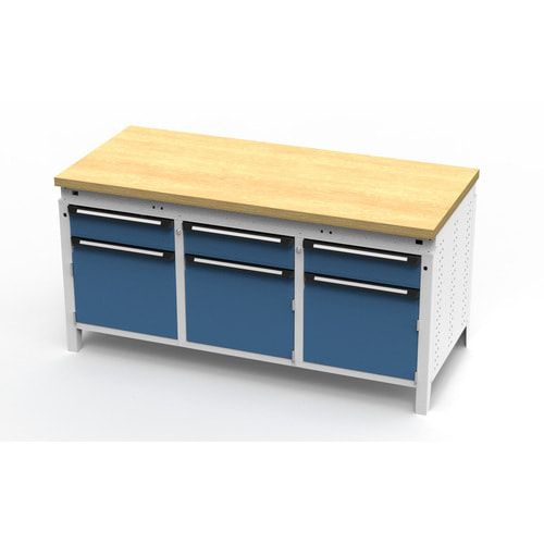OTTOKIND Werkbank - bündige Arbeitsplatte - 850 x 1.695 x 750 mm (HxBxT) - 3 Schubladen - 3 Schränke - lichtgrau