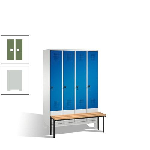 Stahl-Garderobenschrank, Spind, Buche Sitzbank vorgebaut, 4 Abteile a 300 mm, Korpus Lichtgrün, Tür Schwefelgelb, 1.850 x 1.200 x 815 mm (HxBxT)