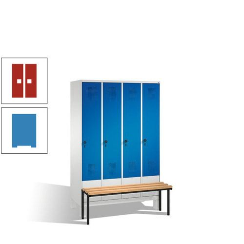 Stahl-Garderobenschrank, Spind, Buche Sitzbank vorgebaut, 4 Abteile a 300 mm, Korpus Lichtgrün, Tür Schwefelgelb, 1.850 x 1.200 x 815 mm (HxBxT)