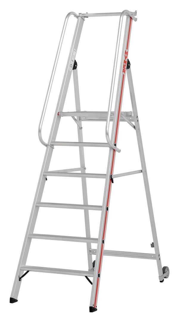 Plattformleiter mit langem Handlauf - Kipprollen - Leiterlänge 1.950 mm - mit Einhängehaken und Ablageschale - Aluleiter - Hymer