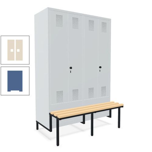 Doppel-Spind, Garderobenschrank, Buche Sitzbank integriert, 4 Abteile 300 mm, Korpus anthrazitgrau, Tür anthrazitgrau, 1.850 x 1.200 x 815 mm (HxBxT)