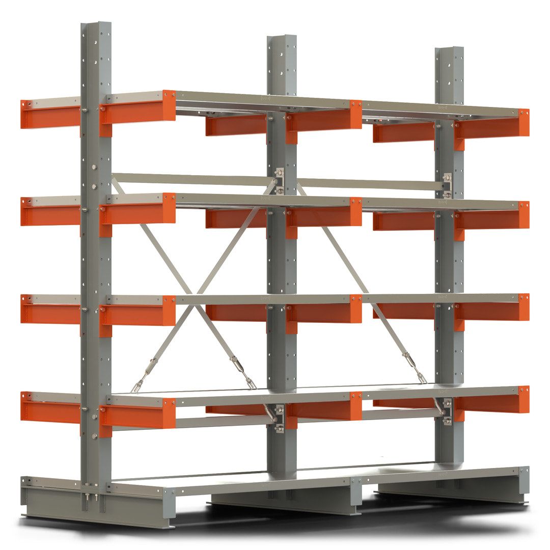 Doppelseitiges Kragarmregal mit Fachböden, 2 Felder, 2.000 x 2.000 (HxB), Nutztiefe 1.000 mm, Kragarmlast 450 kg, KARL basic, silbergrau/reinorange