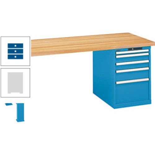 Werkbank, Buche Arbeitsplatte - Code Lock - Tragkraft 1.000 kg - 850 x 2.000 x 800 mm (HxBxT) - 4 Schubladen - Capriblau