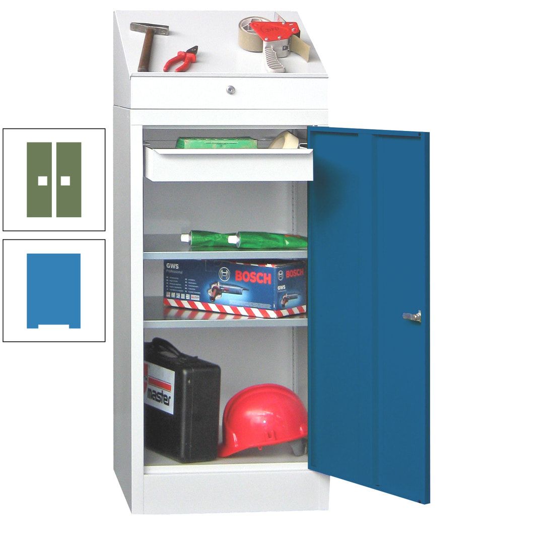 Stehpult mit Schrank - Vollblechtür - 1 Einlegeboden, 1 Ausziehboden, 1 Schublade - 1.270x500x500 mm (HxBxT) - anthrazitgrau