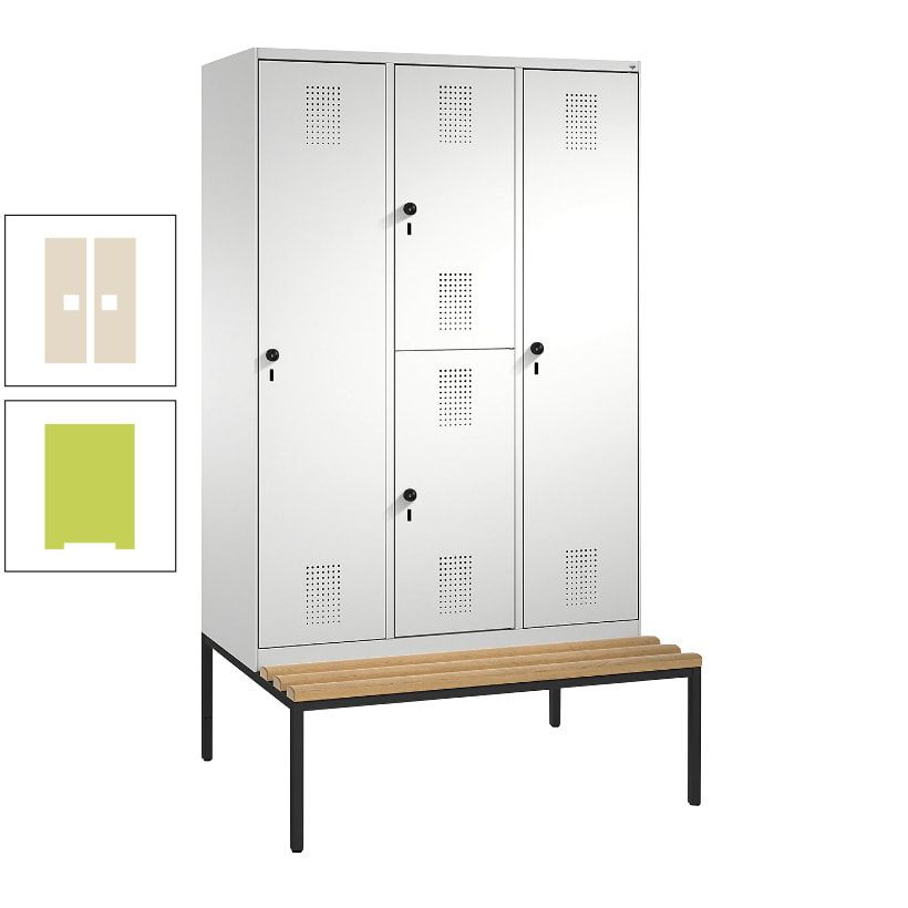 Garderobenschrank, Spind ein- und doppelstöckig Sitzbank, 3 Abteile, 4 Fächer, 2.090x1.200x500 mm (HxBxT), Front anthrazitgrau, Korpus anthrazitgrau