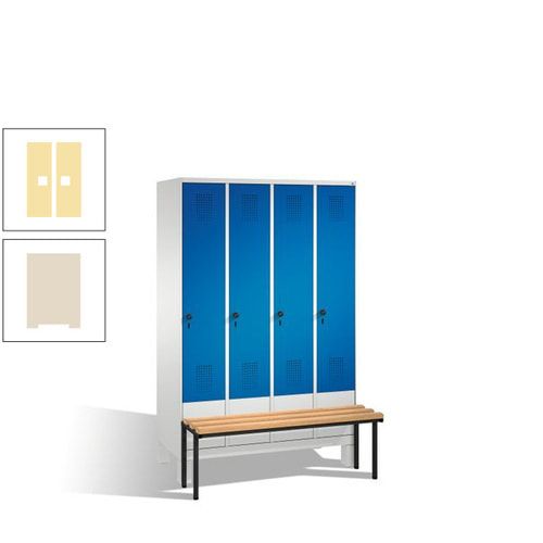Stahl-Garderobenschrank, Spind, Buche Sitzbank vorgebaut, 4 Abteile a 300 mm, Korpus Lichtgrün, Tür Schwefelgelb, 1.850 x 1.200 x 815 mm (HxBxT)
