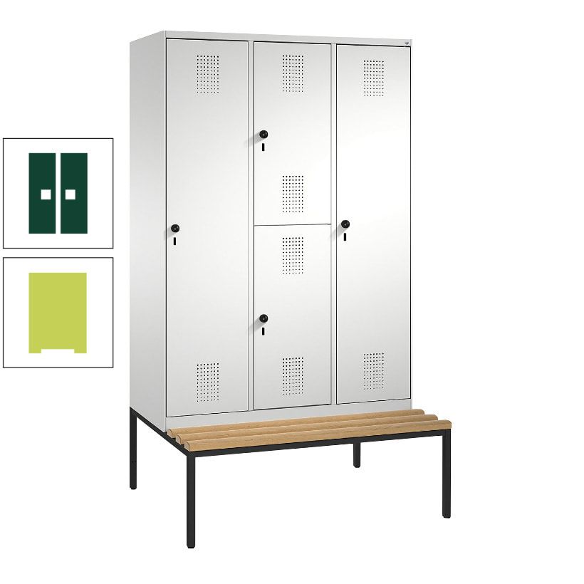 Garderobenschrank, Spind ein- und doppelstöckig Sitzbank, 3 Abteile, 4 Fächer, 2.090x1.200x500 mm (HxBxT), Front anthrazitgrau, Korpus anthrazitgrau