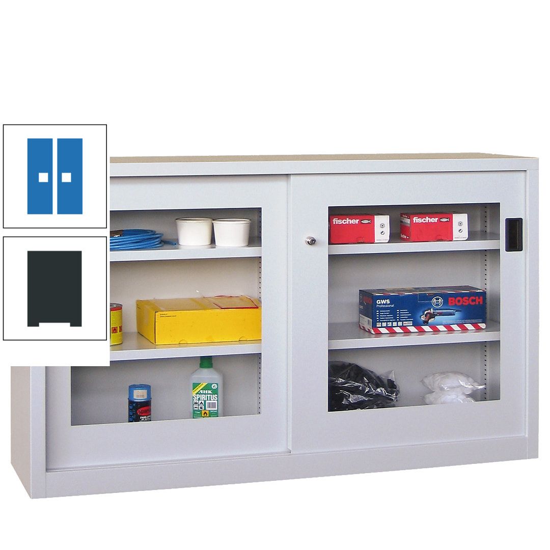 Schiebetürenschrank - Sichtfenstertüren - 1.000x1.500x600 mm (HxBxT) - 4 Böden, verzinkt - Zylinderschloss - anthrazitgrau