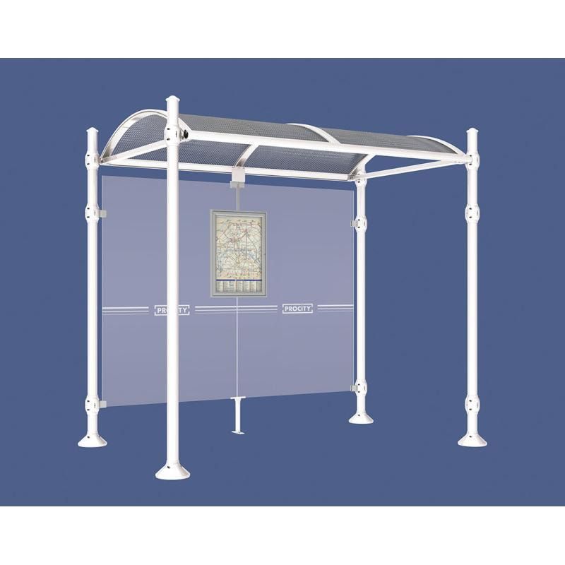 Buswartehalle, Unterstand, 2.500 x 2.500 x 1.600 mm (HxBxT), Kopfmodell Agora, ESG, Fahrplanschaukasten, Farbe enzianblau