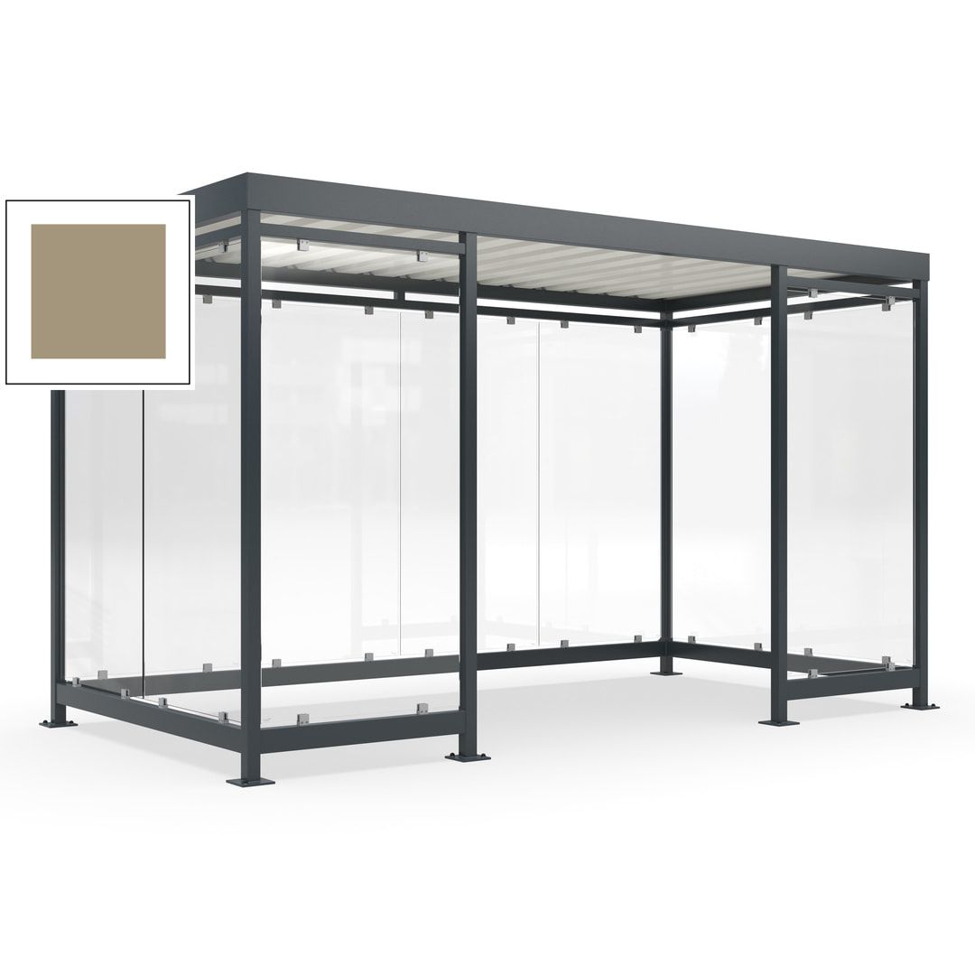 Fahrgastunterstand, Raucherunterstand, fertig montiert, Aufdübeln, 12-13 Personen, 2.510 x 4.195 x 2.165 mm (HxBxT), 10 Wände, Achatgrau