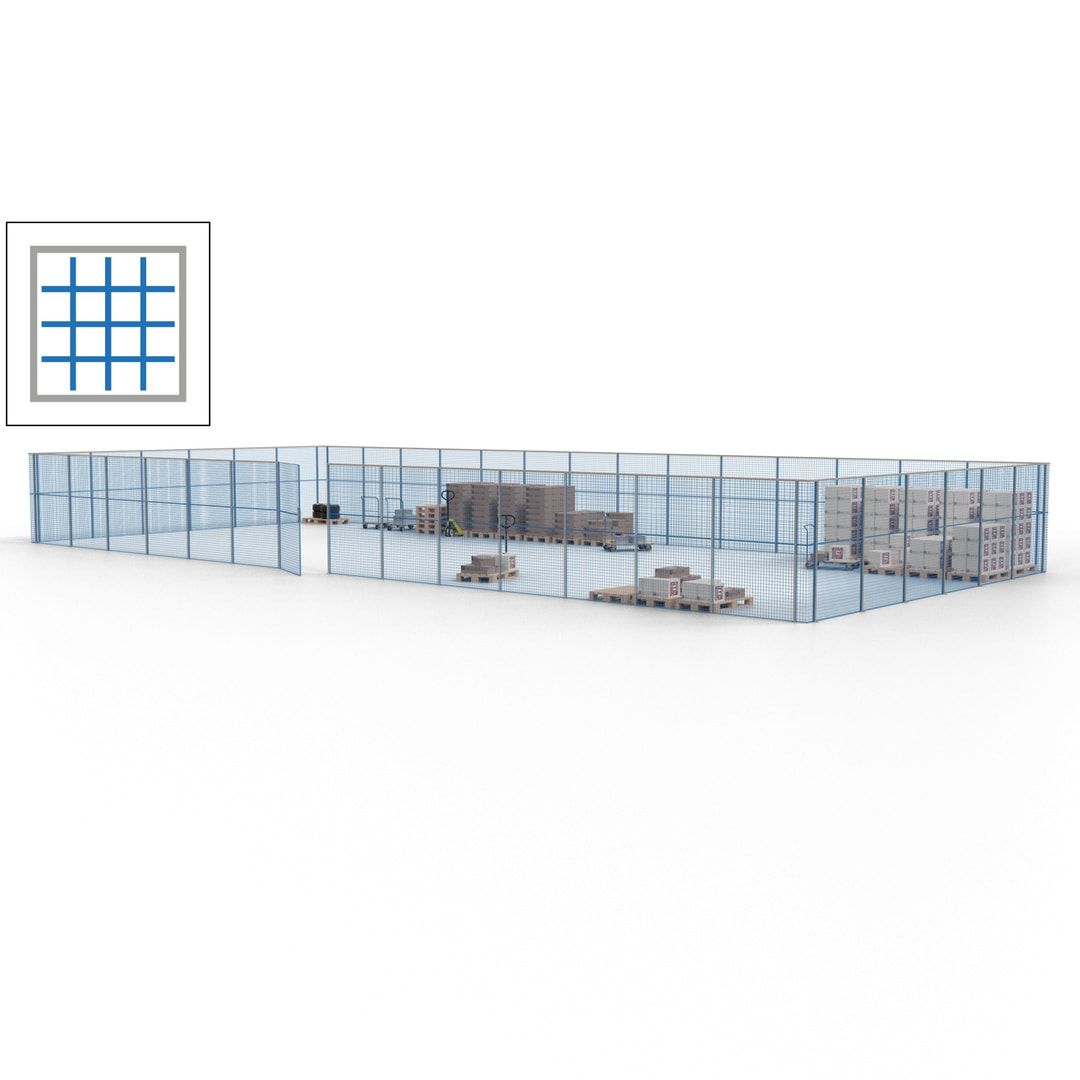 Maschinen Schutzgitter - Hallentrennwand - Sicherheitszaun - Tür - 60 m - 2.200 x 21.400 x 9.400 mm (HxBxT) - enzianblau