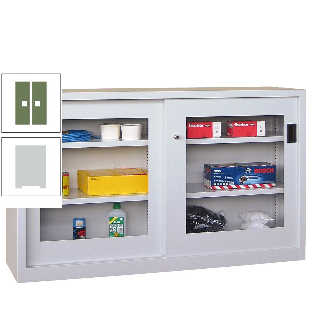 Schiebetürenschrank - Sichtfenstertüren - 1.000x1.500x600 mm (HxBxT) - 4 Böden, verzinkt - Zylinderschloss - anthrazitgrau