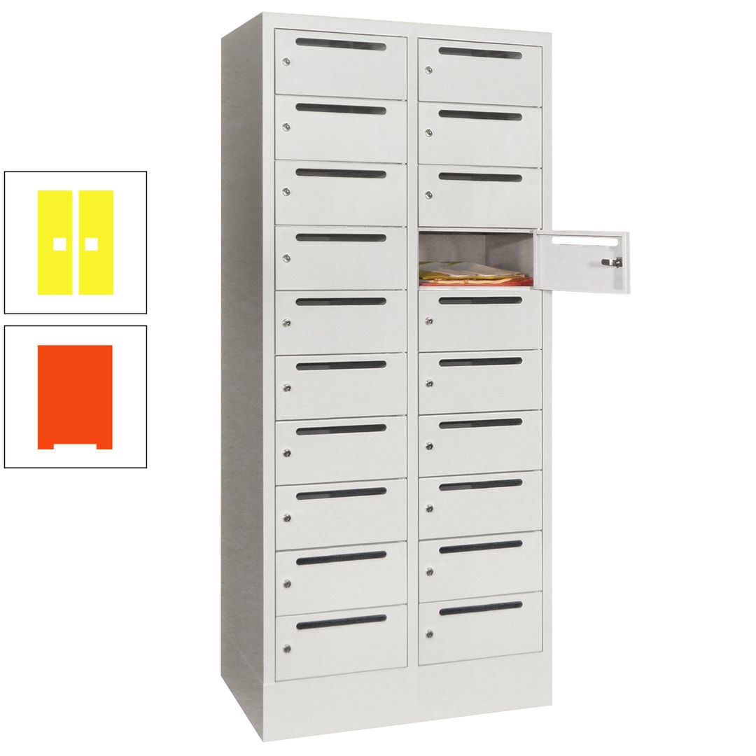 Postverteilerschrank, Schließfachschrank, 2 Abteile a 400 mm, 20 Fächer, 1.850 x 800 x 500 mm (HxBxT), Korpus anthrazitgrau, Front anthrazitgrau
