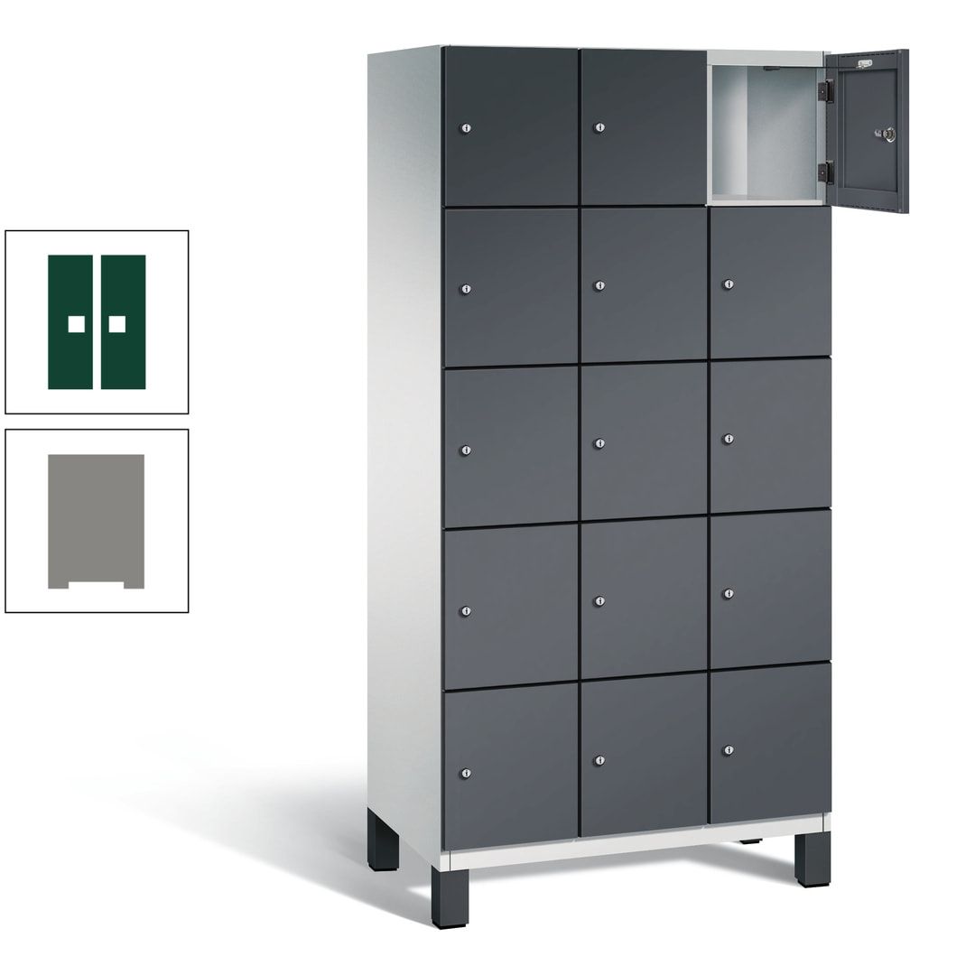 Fächerschrank, Stahlschrank, 15 Fächer, Türöffnungsbegrenzer, Füße, 1.980 x 900 x 525 mm (HxBxT), Korpus anthrazitgrau, Front anthrazitgrau