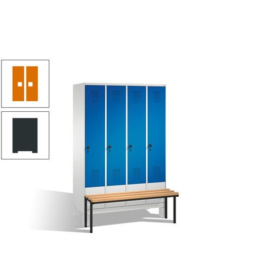 Stahl-Garderobenschrank, Spind, Buche Sitzbank vorgebaut, 4 Abteile a 300 mm, Korpus Lichtgrün, Tür Schwefelgelb, 1.850 x 1.200 x 815 mm (HxBxT)